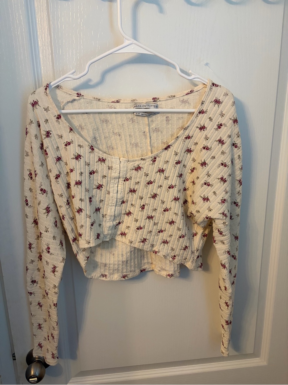 Urban Outfitters Cream Ribbed Floral Button-Front Cropped Top